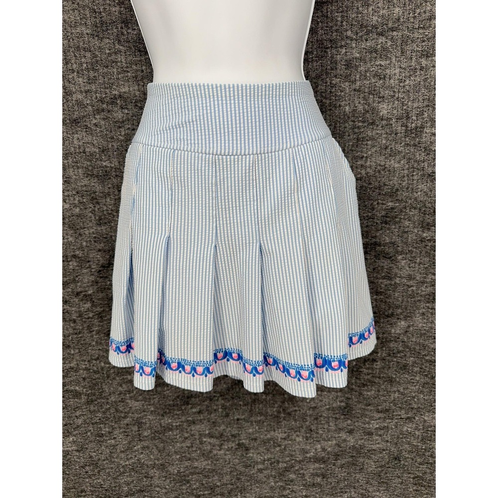 Lilly Pulitzer Luxletic Skort Womens 4 Blue Stripe Seersucker Lined Pockets Golf